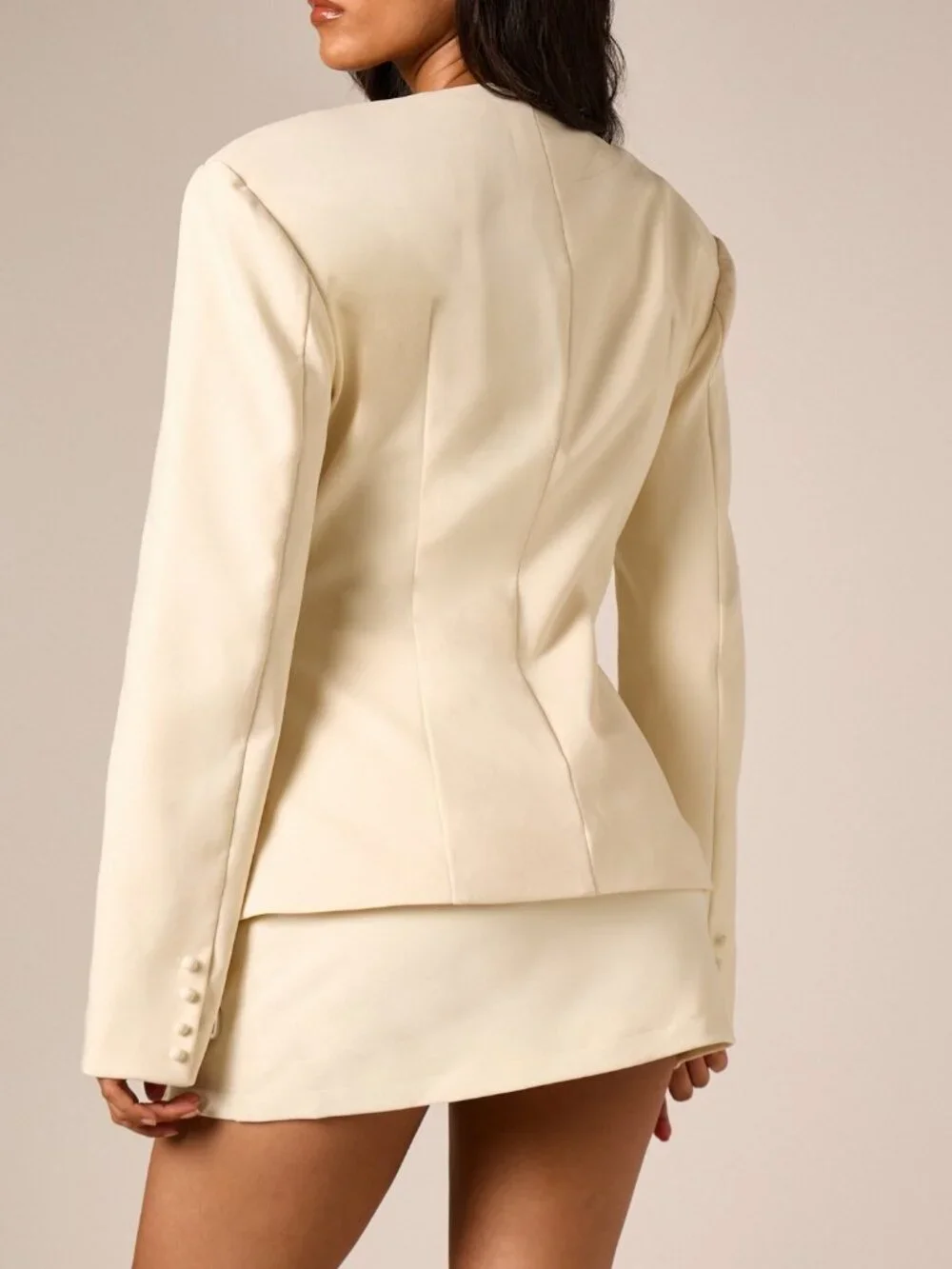Beige Elegant Women's Pearl Drop Blazer with Deep V-Neck and Long Sleeve